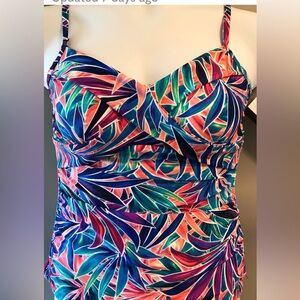 Christina Tankini Top in pink, blue, green, purple leaf design.